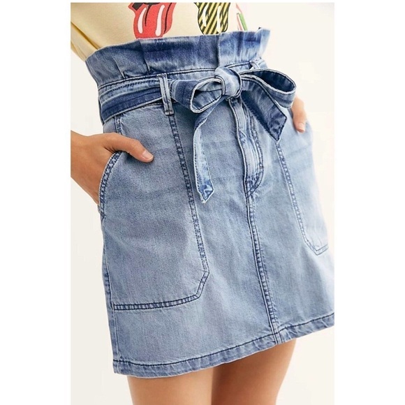 FREE PEOPLE Splendor in the Grass Mini Denim Skirt Paperbag High Waist Indigo 4 - Picture 1 of 10